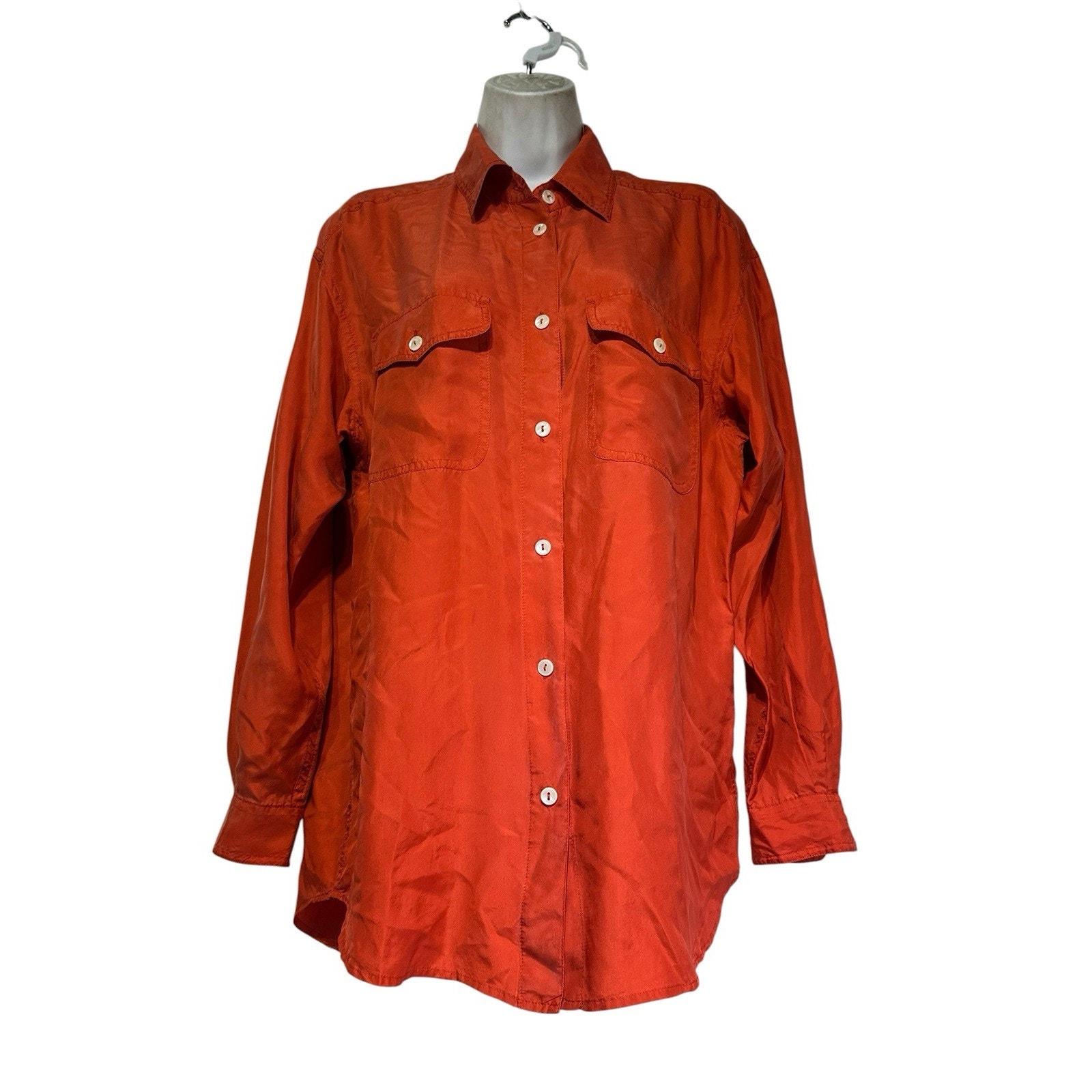 Lizwear Orange Silk Button Front Blouse Womens Small Vintage Minimalist Shirt